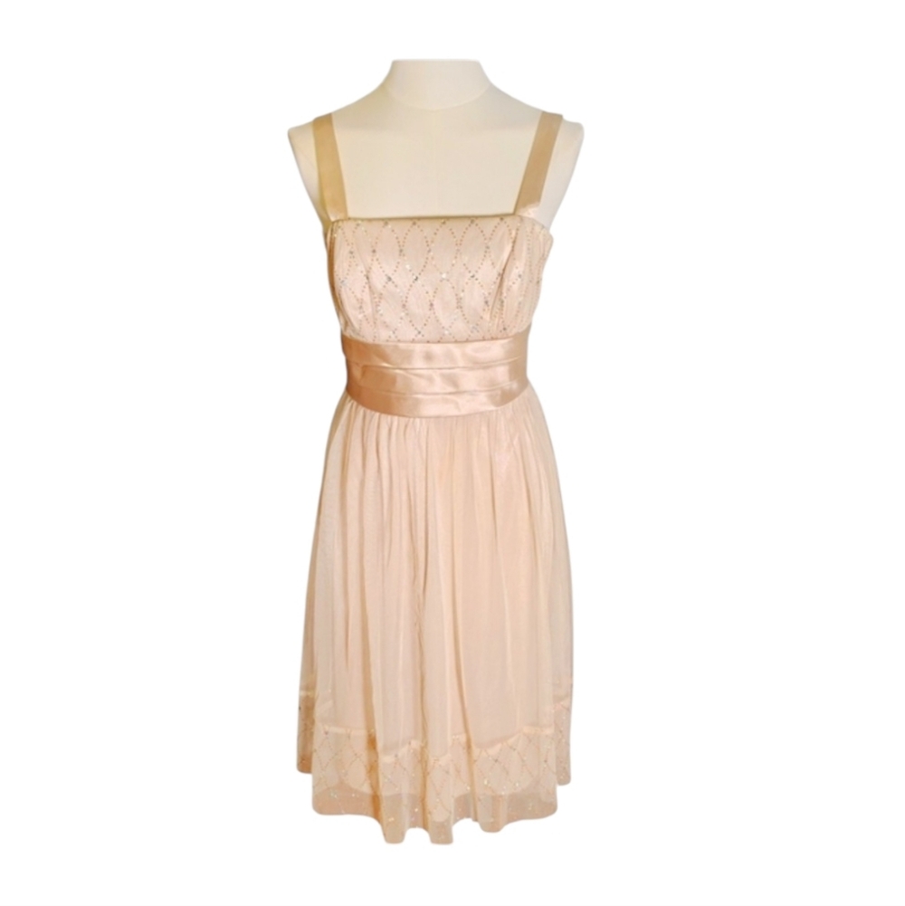 Dress Barn Champagne Gold Tulled Rhinestone Formal Dress Size 8 Petite Women's